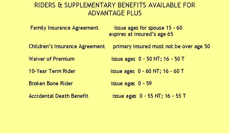 Text Box: RIDERS & SUPPLEMENTARY BENEFITS AVAILABLE FOR
ADVANTAGE PLUS

                    Family Insurance Agreement          issue ages for spouse 15 � 60 
                                                                  expires at insured�s age 65 

                Children�s Insurance Agreement     primary insured must not be over age 50 
       
                Waiver of Premium                       issue ages  0 � 50 NT; 16 � 50 T

                10-Year Term Rider                      issue ages  0 � 60 NT; 16 � 60 T     

                Broken Bone Rider                        issue ages  0 � 59 

                Accidental Death Benefit               issue ages  0 � 55 NT; 16 � 55 T

